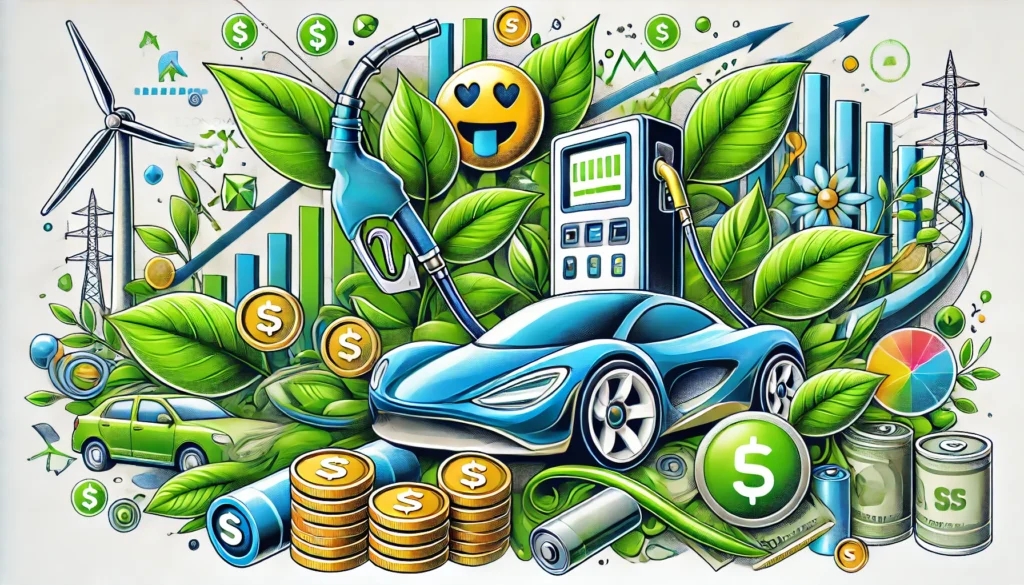 environmental advantages of electric cars - Money, leafs, coins, battery